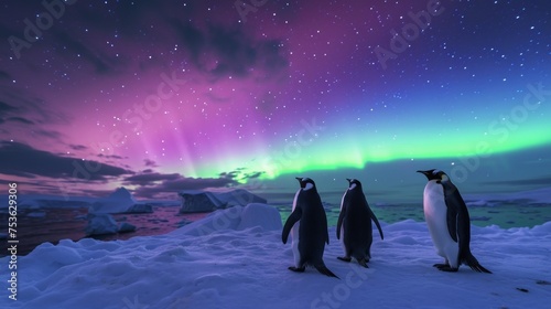 Penguins on ice land with beautiful aurora northern lights in night sky with snow forest in winter.