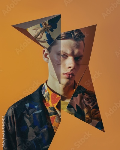 an image of a piece of paper, folded into the traditional Origami fortune teller shape. On the folded origami piece of paper is an abstract photo of a Caucasian male model photo