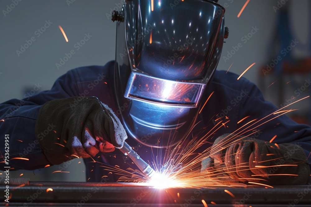 Welding expertise Professional heavy industry welder in focused action indoors Welding expertise Professional heavy industry welder in focused action indoors