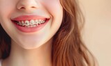 teenager with braces smiling mouth close up