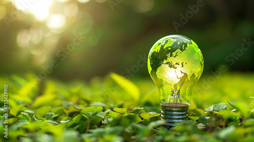 Light bulb with green world map on natural backgound represents renewable energy.Green energy