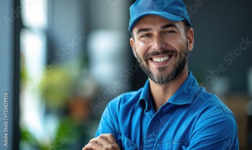 caucasian co-worker happy, 35 years old, looking to the camera whit blue shirt uniform and blue cap photo