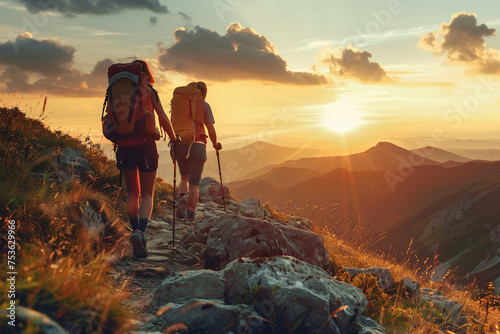 Mountain travel hike people adventure man summer journey tourism group sunset trekking. Hike travel woman mountain walk active backpack nature together sport young trail outdoor tourist hiker person #753629966