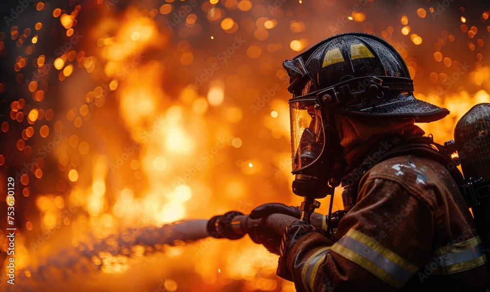  firemen using fire hose to extinguish a fire Inside burning 