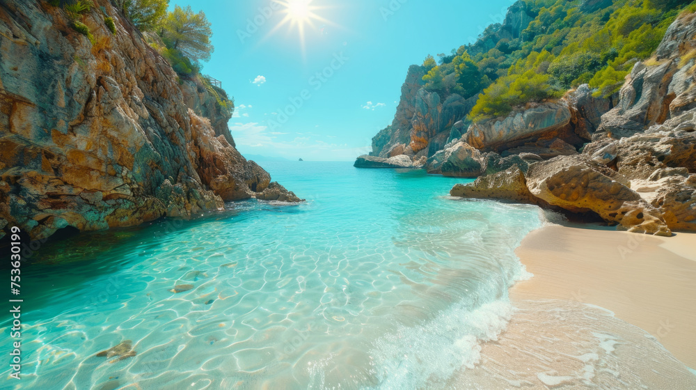 A serene beach with turquoise waters gently washing onto the white sand, flanked by rugged cliffs and lush greenery under a clear blue sky with the sun shining brightly.