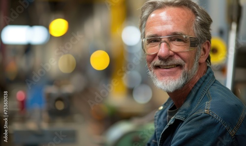 mature man working in a factory, happy, bright environment