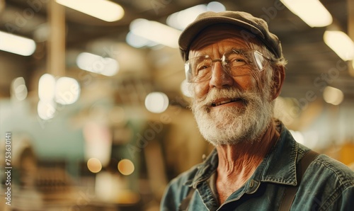 mature man working in a factory, happy, bright environment