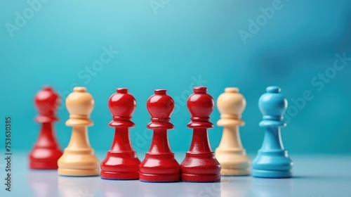 Colorful pawns on blue background  closeup. Social inclusion concept