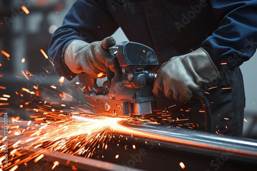 Heavy industry dynamics Worker in safety uniform using angle grinder © Jawed Gfx
