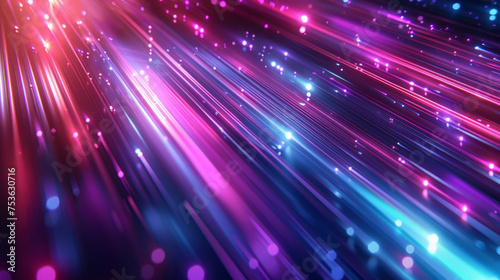 An abstract image featuring vibrant beams of light stretching across the frame, with a dynamic display of bokeh and lens flares