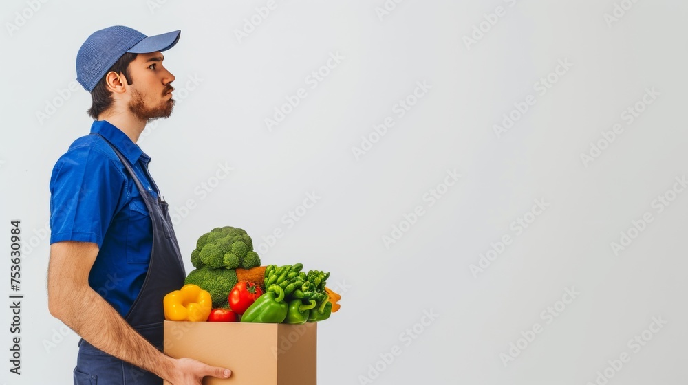 Male food delivery personnel holding a full box of groceries with plain background. Male food delivery personnel holding a full box of groceries with plain background.