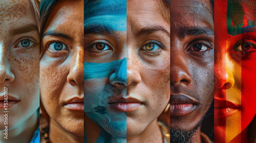 A collage of diverse faces with vibrant, painted stripes across their visages symbolizing unity in diversity and cultural identity.