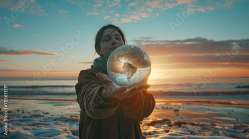 Woman holding the world in her hands, symbolic