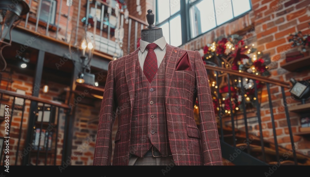Elegant burgundy suit on mannequin in modern boutique with copy space, men s fashion display concept