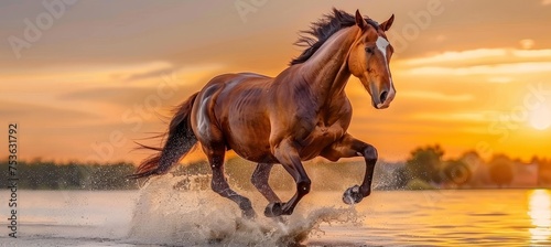 A majestic horse galloping along the beach at sunset with ample copy space for text