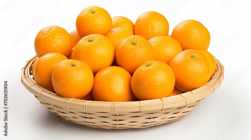 Clementine mandarin oranges in basket on white background   fresh citrus fruits display concept