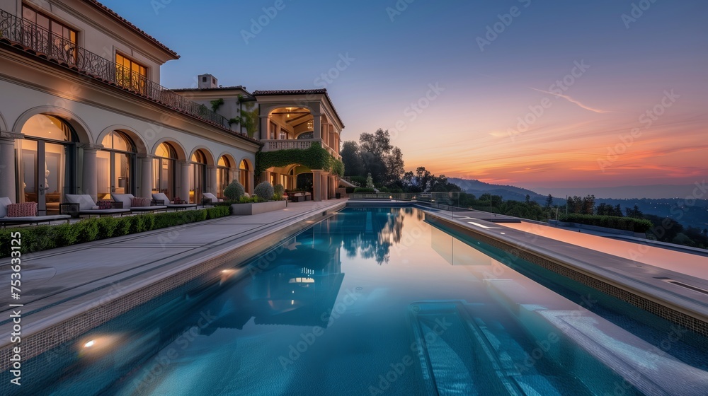 A lavish villa featuring a swimming pool against the backdrop of dusk --ar 16:9 Job ID: e94ab55a-0026-41ed-aac1-b5fedff40b2b - obrazy, fototapety, plakaty 