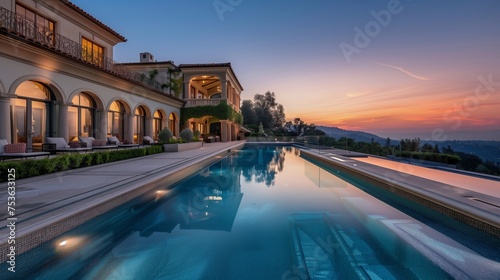 A lavish villa featuring a swimming pool against the backdrop of dusk --ar 16:9 Job ID: e94ab55a-0026-41ed-aac1-b5fedff40b2b © Firuz