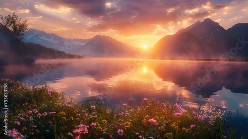 Natural Harmony, Lake and Mountains at Sunset
