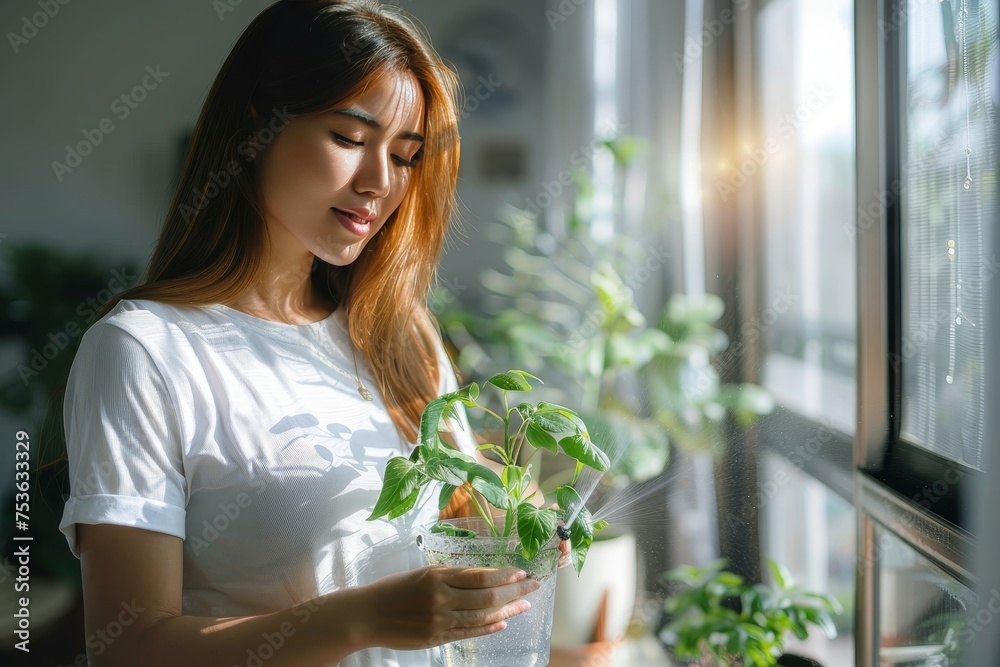 A woman tenderly cares for a small houseplant by a window, embodying care and a connection with nature in a home setting A woman tenderly cares for a small houseplant by a window, embodying care and a connection with nature in a home setting