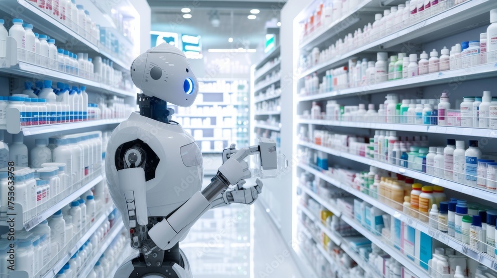 Humanoid robot working in drugstore Humanoid robot working in drugstore