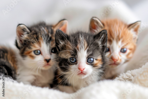 Three little tortoiseshell kittens on the white fluffy bed close up, white background.