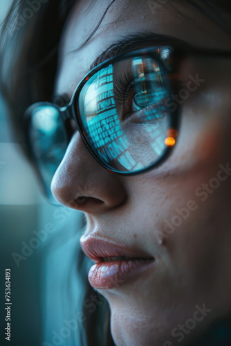 Close-up view of female eyes magnified behind glasses, reflecting intricate data patterns. A female programmer writes code while staring at a computer monitor. © SnowElf