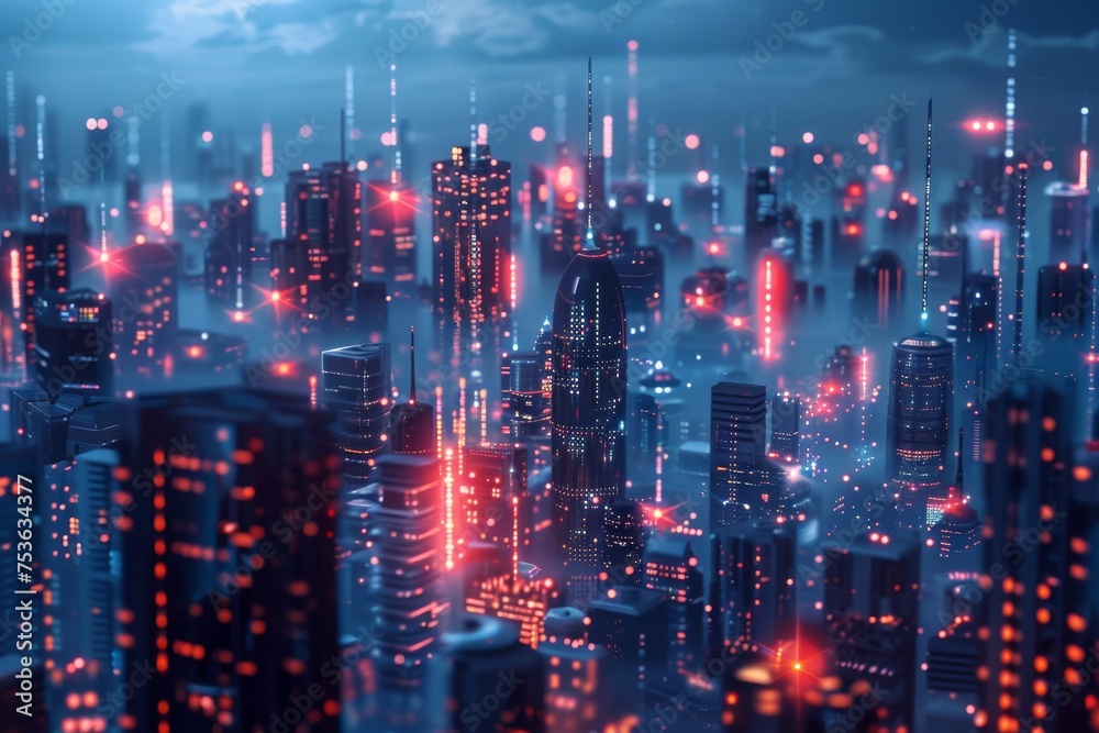 An aerial view of a futuristic city at dusk with buildings illuminated by network connectivity signals, showcasing advanced urban technology.