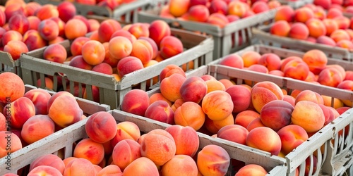 Abundance of fresh peaches packed in wooden crates