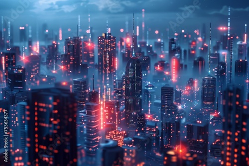 An aerial view of a futuristic city at dusk with buildings illuminated by network connectivity signals, showcasing advanced urban technology. © Rich4289