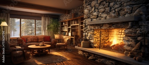 Interior of house with blazing stone fireplace photo
