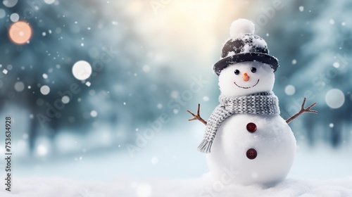 Little snowman standing in the snow with blurred background Sale Banner. Generative AI © moumeni