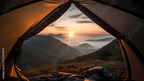 Amazing view of sunrise or sunset from a tent on the mountain