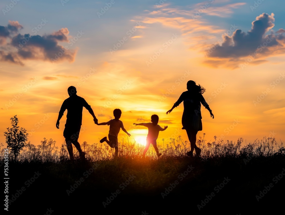 Silhouette of a family holding hands and playing during sunset.