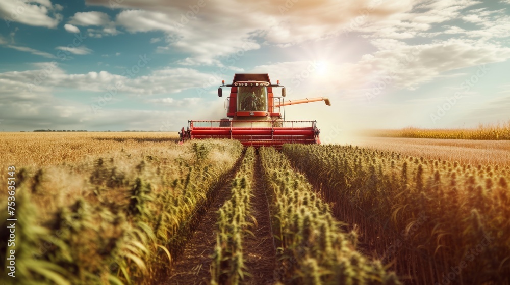 Fototapeta premium A combine harvester machine working in a large outdoor plantation farm.