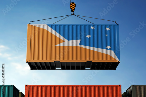 Tierra Del Fuego trade cargo container hanging against clouds background photo