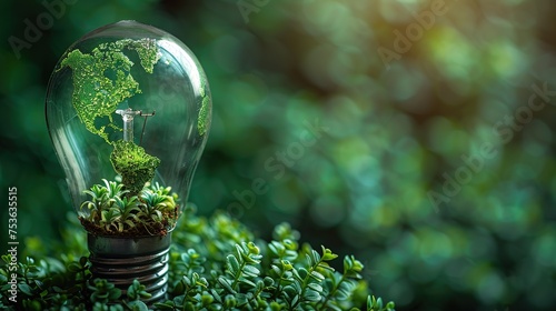 Renewable Energy.Environmental protection, renewable, sustainable energy sources. Green world map on the light bulb on green background .green energy. Generative AI