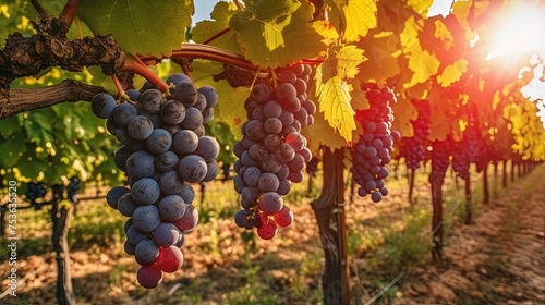 Ripe wine grapes on vines in Tuscany, Italy. Wine farm, sunset warm light. Generative AI