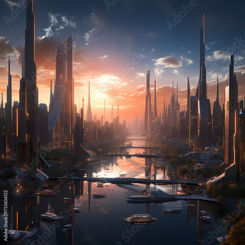 A futuristic cityscape at sunrise.