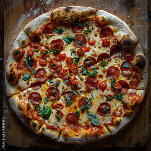 A delicious Californiastyle pizza topped with pepperoni, tomatoes, and basil on a wooden cutting board. Perfect combination of ingredients for a savory dish