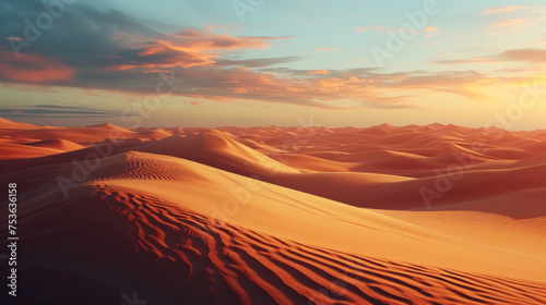 Sand dunes in desert landscape. Sunrise with clouds in a desert.