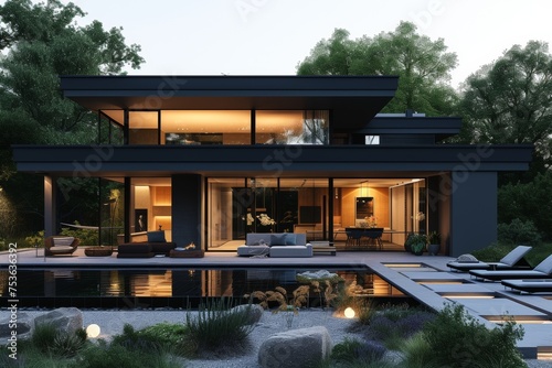 A modern exterior house with a pool and parking space against a soft black backdrop © Boinah