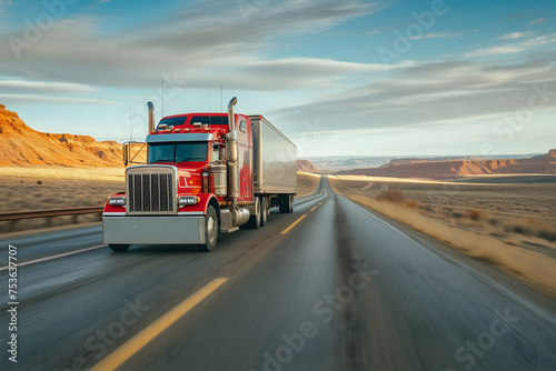 Classic red American long-nose semitruck on a highway. Neural network generated image. Not based on any actual scene or pattern. © lucky pics