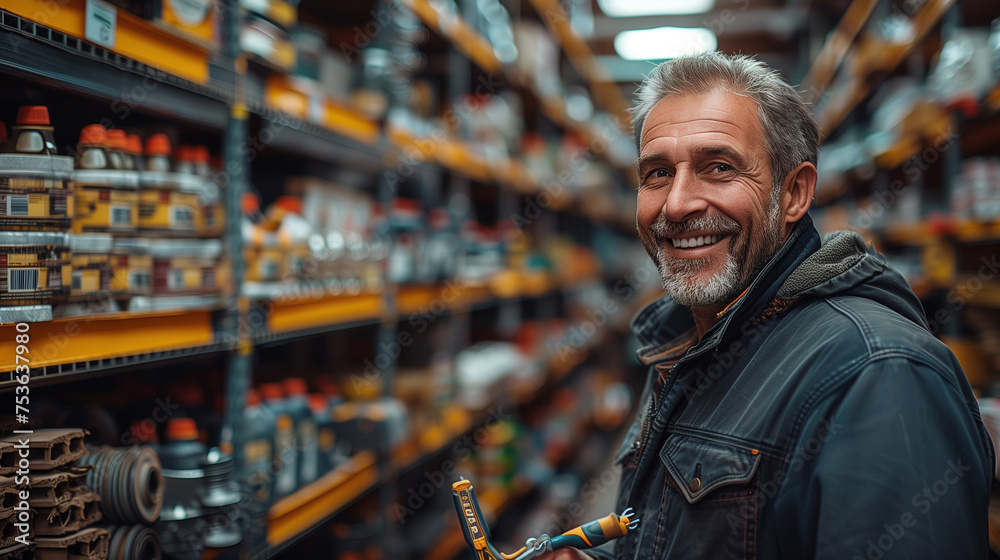 smiling and laughing man in a hardware warehouse standing selects a repair tool smiling and laughing man in a hardware warehouse standing selects a repair tool
