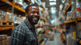 smiling and laughing man in a hardware warehouse standing selects a repair tool