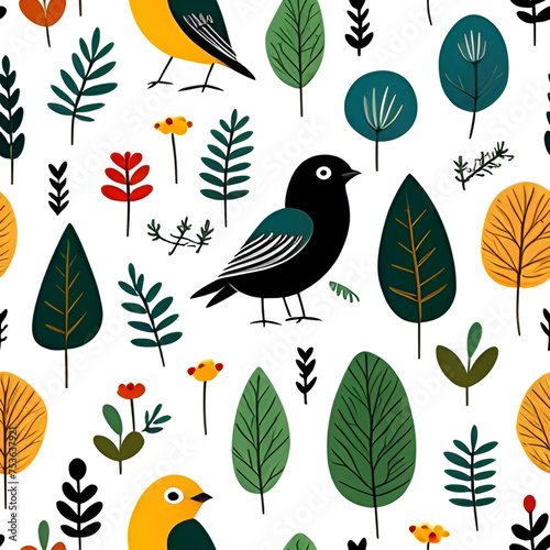 Wallpaper Mural pattern with birds and trees, Generative AI Torontodigital.ca