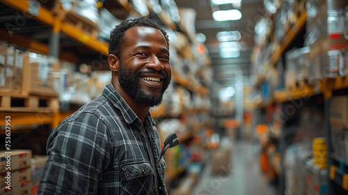 smiling and laughing man in a hardware warehouse standing selects a repair tool