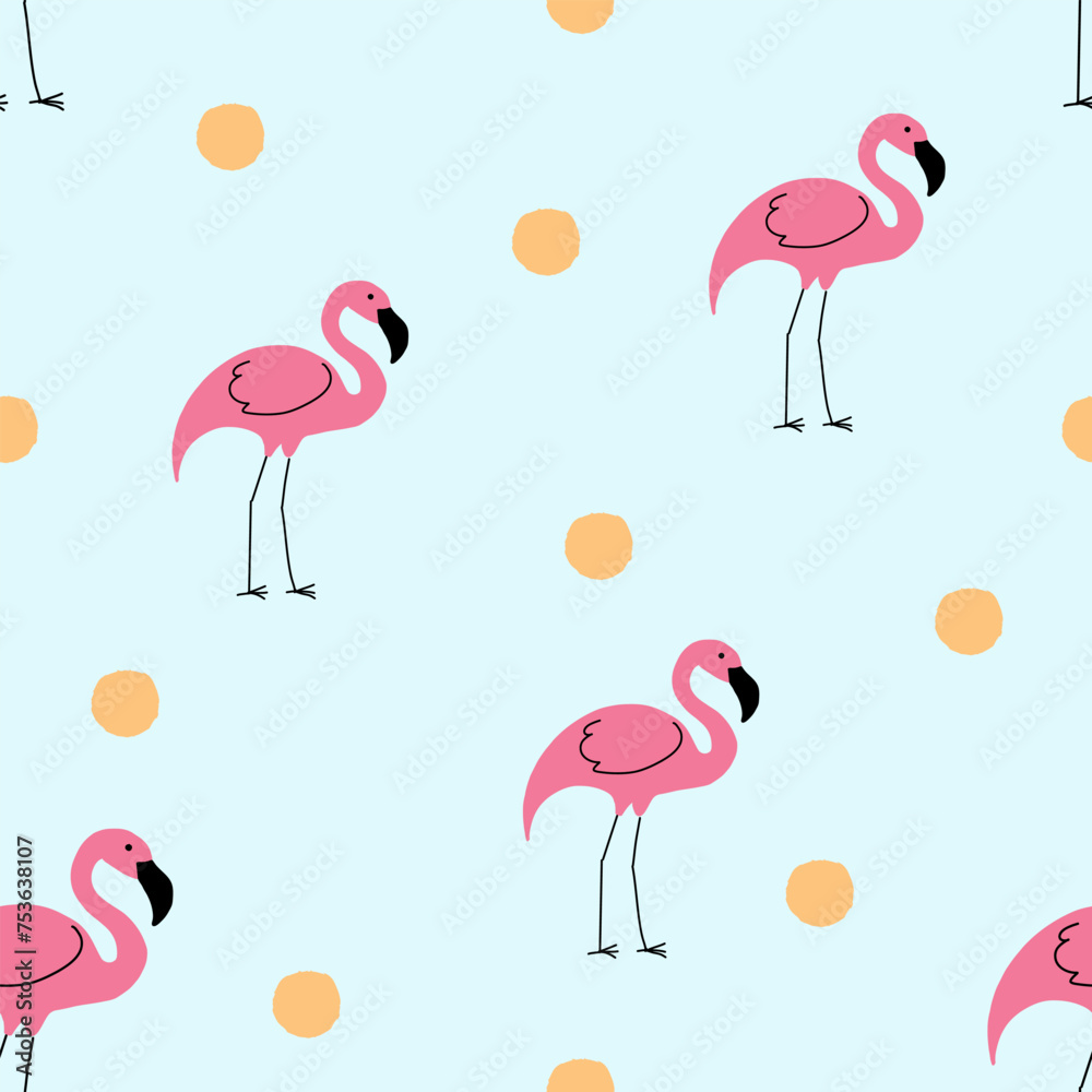 Obraz premium Flamingo seamless pattern on polka dots background. Flamingo vector background design for fabric and decor. Abstract summer texture