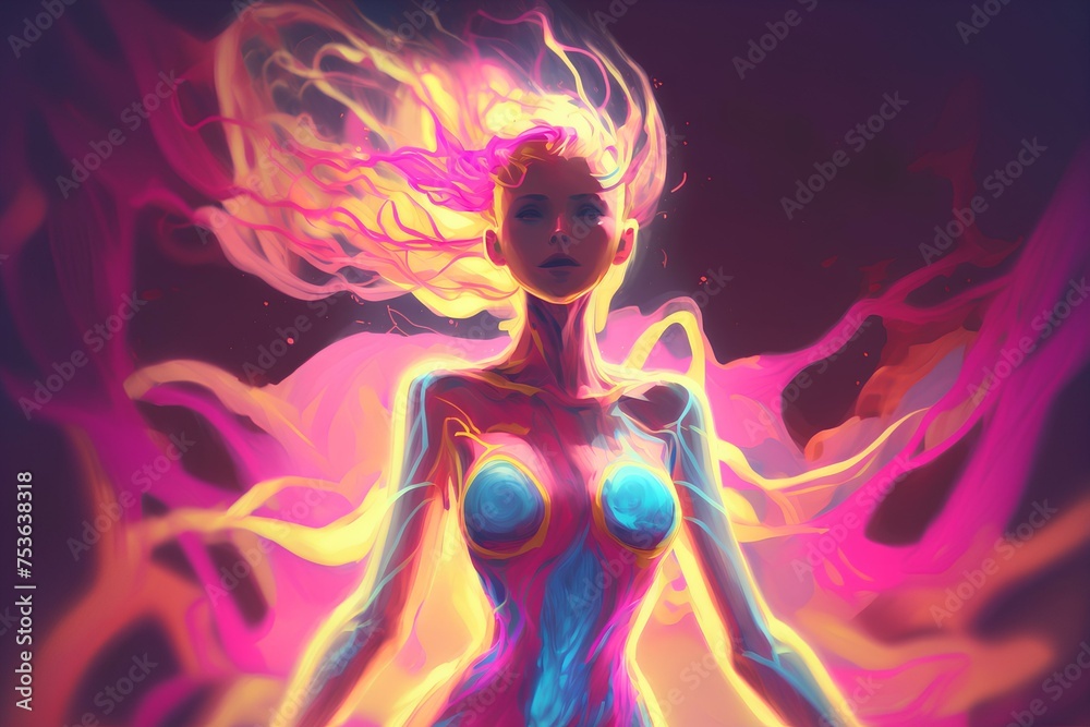 Electric waves of iridescent light dance around a woman's figure, her mind lost in a surreal realm of psychedelic hallucinations against a vivid pink canvas, glitch effect.