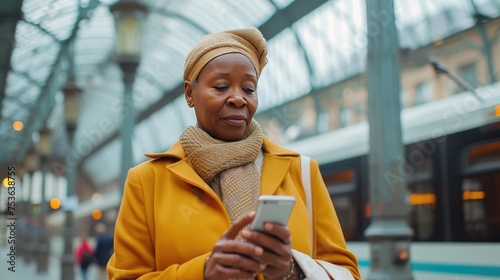 Woman is using a phone at the train station